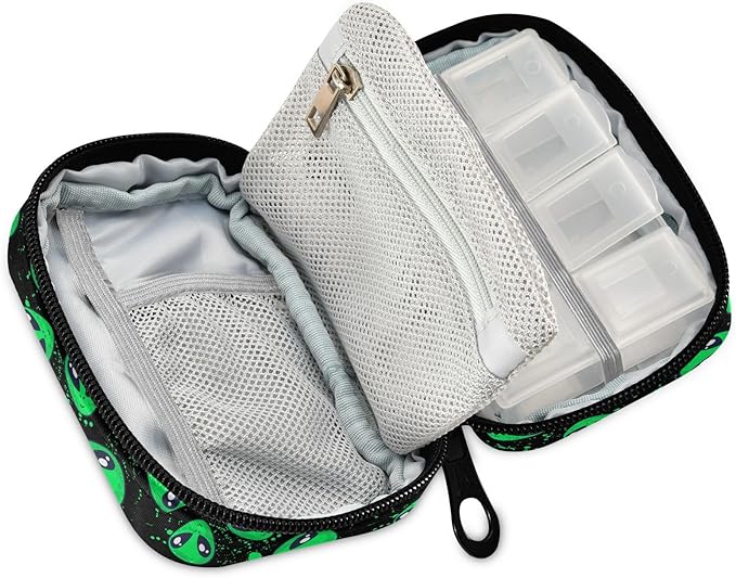 Green Alien Pill Box 7 Day Pill Case Travel Pill Organizer Bag Container for Medicine with Zipper Portable Weekly Case Compact Size for Medicine, Vitamin, Supplement