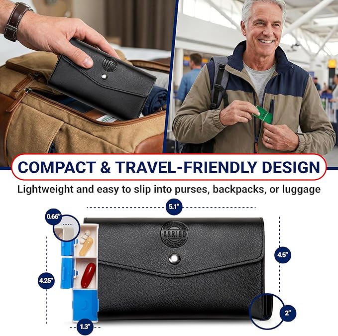 Arrigo Weekly Pill Organizer 3X a Day – 7-Pack Portable Color-Coded Pill Boxes with PU Leather Pouch & Labels – Compact, Travel Friendly Silicone Containers for Luggage, Purse, Backpack or Drawer