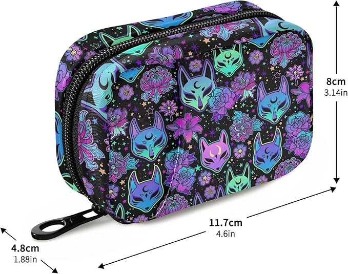 Travel Pill Organizer Bag Weekly Pill Organizer Case Psychedelic Fox Camellia Purple Portable Small Daily Pill Boxes for Vitamin Fish Oils Supplement Holder with Zipper Compact Size