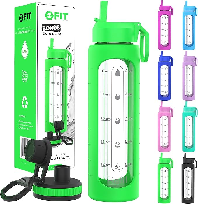 FIT Strong & Healthy 32 oz Glass Water Bottle with Straw Lid - Wide Mouth Borosilicate Glass Water Bottles with Time Marker, Silicone Sleeve & Extra Lid - 1L Large Motivational Drinking Bottle