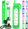 FIT Strong & Healthy 32 oz Glass Water Bottle with Straw Lid - Wide Mouth Borosilicate Glass Water Bottles with Time Marker, Silicone Sleeve & Extra Lid - 1L Large Motivational Drinking Bottle