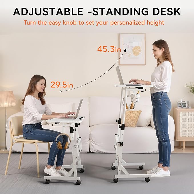 Small Standing Desk with Wheels, 29.5-45.3 Inch Adjustable Height, Portable Treadmill Desk, Rolling Computer Table for Walking Pad with a Cup Holder and a Hook