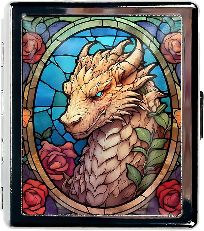 Cute Travel Pill Box Organizer with 8 Compartments - Compact and Fashionable Pill Case with Mirror - Ideal for Medications (Dragon Stained Glass)
