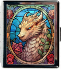 Cute Travel Pill Box Organizer with 8 Compartments - Compact and Fashionable Pill Case with Mirror - Ideal for Medications (Dragon Stained Glass)