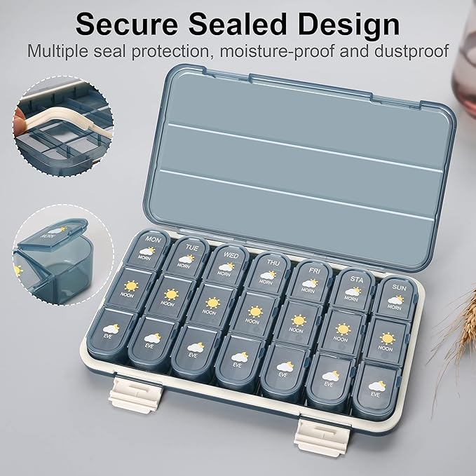 Pill Organizer 3 Times A Day, 7 Day Pill Box - Acedada Weekly Travel Pill Container, Large Medicine Dispenser Vitamins Case Supplements Holder Organizer, Blue