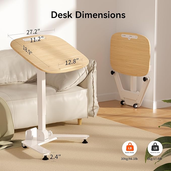Folding Pneumatic Height Adjustable Mobile Standing Desk with 90° Tiltable Tabletop, 27.2x18.9 Inch Portable Laptop Desk with Wheels, Holds Up to 66.1lbs for Home Office, Study, Oak