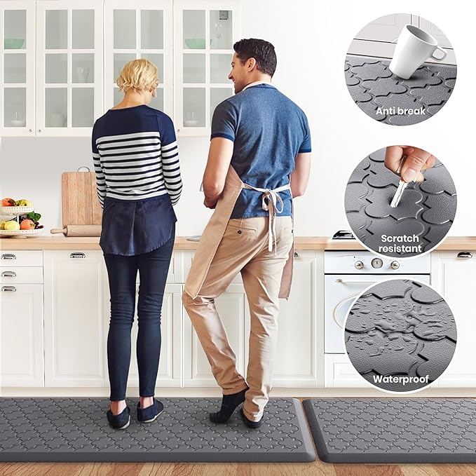 Kitchen Mat [2 PCS] Cushioned Anti-Fatigue Floor Mat Water Resistant Non-Skid Kitchen Mats and Rugs Ergonomic Comfort Foam Kitchen Rugs Standing Mat for Floor Office Sink (Grey,20"x30"+20"x47")