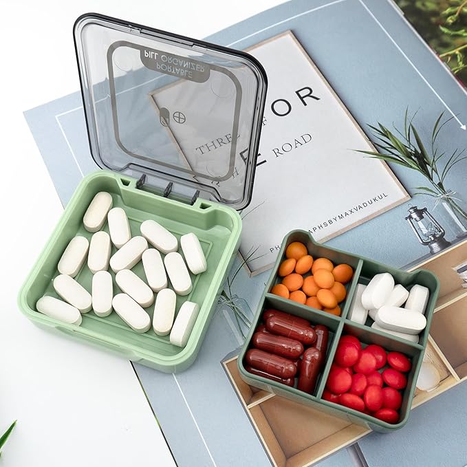 Quacc Small Pill Box, Portable Travel Case Daily Pill Organizer with 4 Large Compartmensts for Medication, Vitamin, Supplement - Green