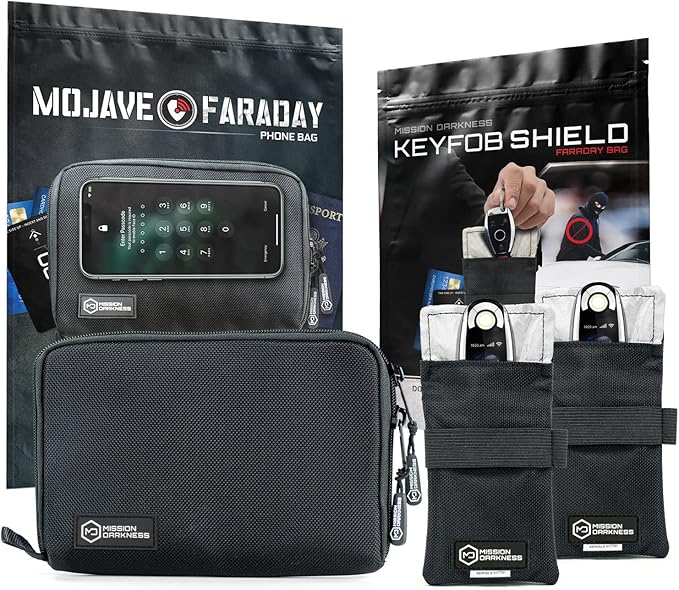 Mission Darkness Phone & Keyfob Faraday Bag Bundle - Collection Includes 1 Mojave Faraday Phone Bag + Keyfob Shield (2-Pack). RF Shielding, Anti-tracking & Hacking, EMF Reduction, EMP Protection.