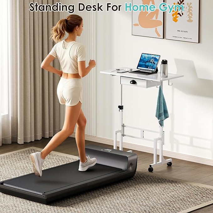 Small White Standing Computer Desk with Drawers,Height Adjustable Home Office Sit Stand Up Desk with 4 Wheels & 2 Hooks,Portable Rolling Work Study Gaming Table for Laptop Tablet Walking Pad Treadmill