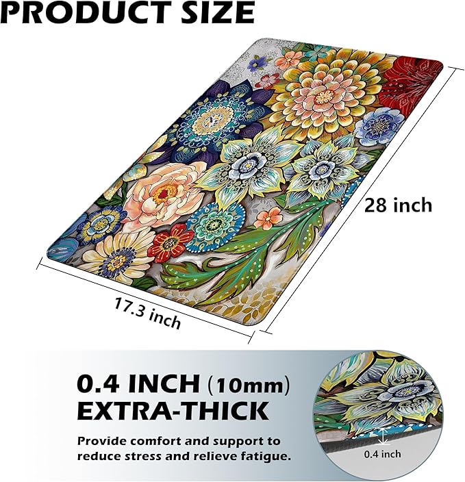 Floral Kitchen Rug Mat for Floor Boho Cushioned Anti-Fatigue Mat Non-Slip Standing Desk Waterproof Comfort Floor Mat for Sink, Office, Laundry, 17.3x28 Inch