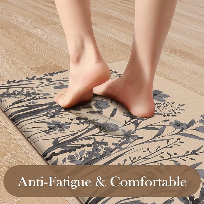 KIMODE Anti Fatigue Kitchen Mats for Floor, Farmhouse Kitchen Rugs Sets of 2, Cushioned Kitchen Floor Mats, Comfort Standing Mat for Sink, Laundry, Office, Desk Brown/Grey 17"x47"+17"x29"