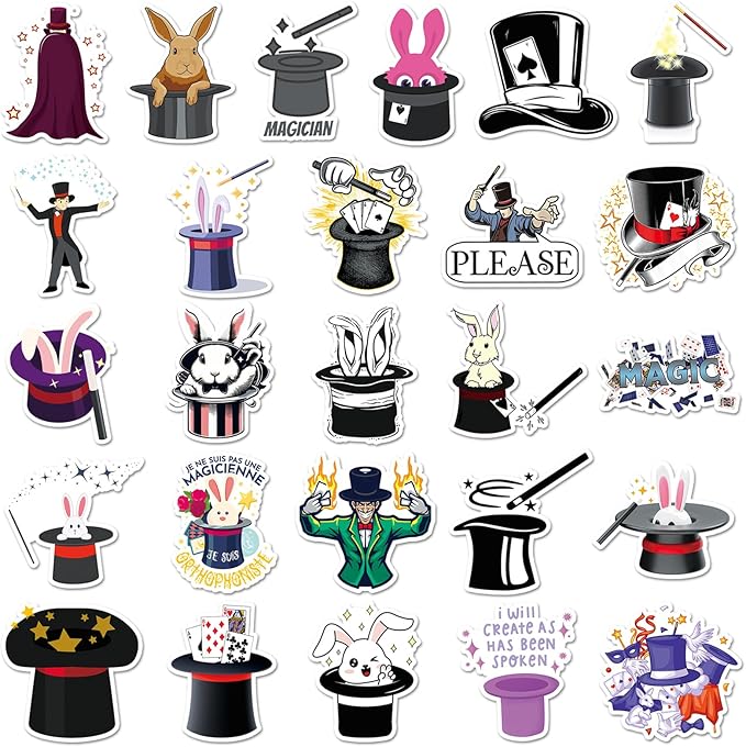 53pcs Magician Stickers, Waterproof Vinyl Stickers with Rabbit, Poker, Hat & Magic Wand Patterns, Suitable for Kids & Adults, Decor for Laptop, Phone
