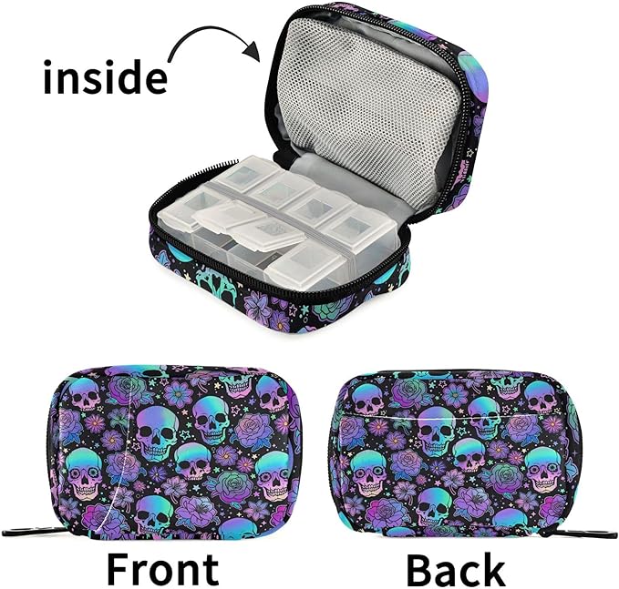 Travel Pill Organizer Bag Weekly Pill Organizer Case Goth Skulls Flowers Portable Small Daily Pill Boxes for Vitamin Fish Oils Supplement Holder with Zipper Compact Size