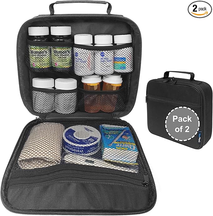 Pack of 2 - Medium Travel Pill Bottle Organizer, Slim Medicine Bag, Carrier for Medications and Medical Supplies - Black