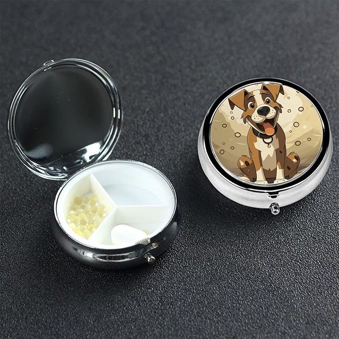 Cartoon Dog Bone Pill Box 3 Compartment Small Pill Case for Purse & Pocket Decorative Metal Medicine Case Travel Pillbox Round Pill Organizer Vitamin Container Unique Gift