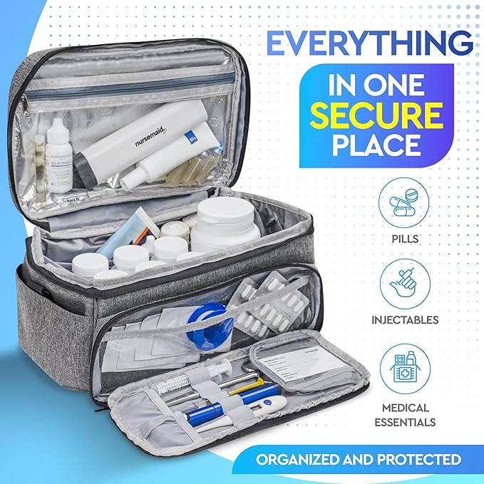 Medicine Bag with 7-Day Pill Organizer & Medical ID Card | Insulin Cooler Travel Case & Med Bag with Temp Control & Zipper Pouch for Injectables | Cold Storage Medicine Organizer