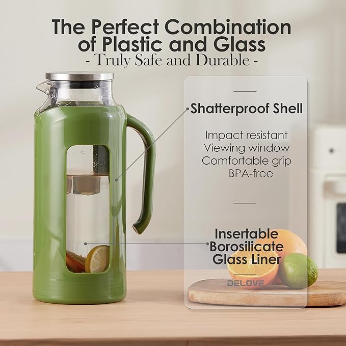 Delove Glass Pitcher with Lid & Shatterproof Shell – Heat-Resistant Borosilicate Glass Jug, 2 L/68 oz with Handle & Spout – Perfect for Iced Tea, Juice, Hot & Cold Water (Green)