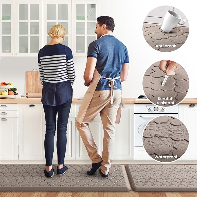 Kitchen Mat [2 PCS] Cushioned Anti-Fatigue Floor Mat Water Resistant Non-Skid Kitchen Mats and Rugs Ergonomic Comfort Foam Kitchen Rugs Standing Mat for Floor Office Sink (Khaki,20"x30"+20"x47")