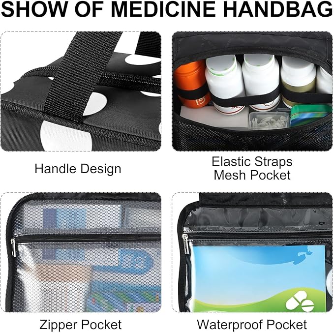 Naanle Pill Organizer Bag Travel Pill Bottle Medicine Organizer Home Storage Medication Bag for Vitamin Supplements, Black and White Polka Dots Empty First Aid Bag for Car Camping, 1.0 Count