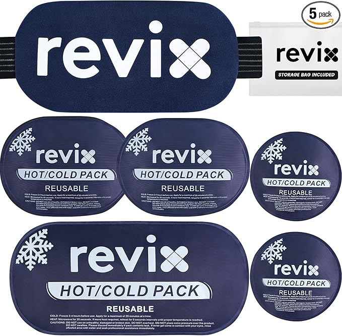 REVIX Reusable Ice Packs for Injuries – 5-Piece Gel Cold Packs with Hand-Free Design, Hot Cold Compress for Knee, Back, Shoulder, Neck, Elbow, Post-Workout or Daily Use, Navy