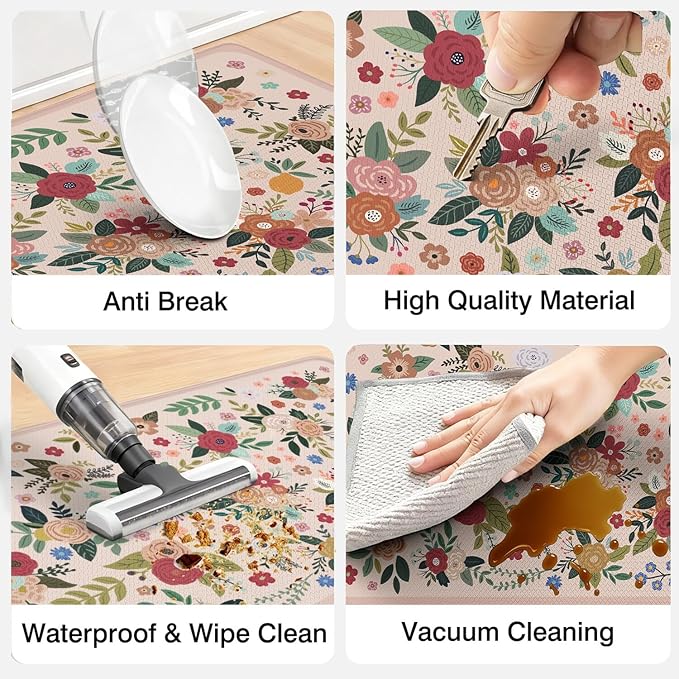 Anti Fatigue Boho Kitchen Rugs Set of 2, Floral Kitchen Mats for Floor, Farmhouse Kitchen Decor, Anti-Slip and Anti-Fatigue Foam Standing Mat,17x30 inch Sink Mat+17x48 inch Runner Rug Pink