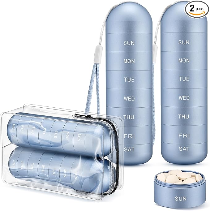 [2 Pack] Zannaki Metal Travel Pill Organizer, Portable Waterproof Weekly Pill Box, Large Aluminum Alloy Pill Case Container, BPA Free 7 Day Daily Medicine Organizer Holder for Vitamin, Supplement