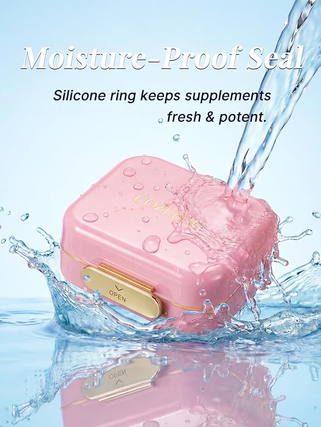 Small Pill Case Travel Pill Box with 7 Compartments for Purse - Compact Pill Organizer for Medicine Vitamin - Portable Container for Fish Oil & Supplements - Soft Pink