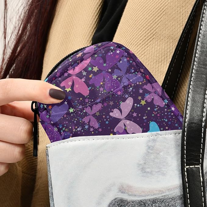 Fustylead Bright Fantasy Purple Butterflies and Stars Pill Organizer Case with Zipper 2 Times A Day for Vitamin and Supplement, 7 Day Travel Organizer Medicine Case