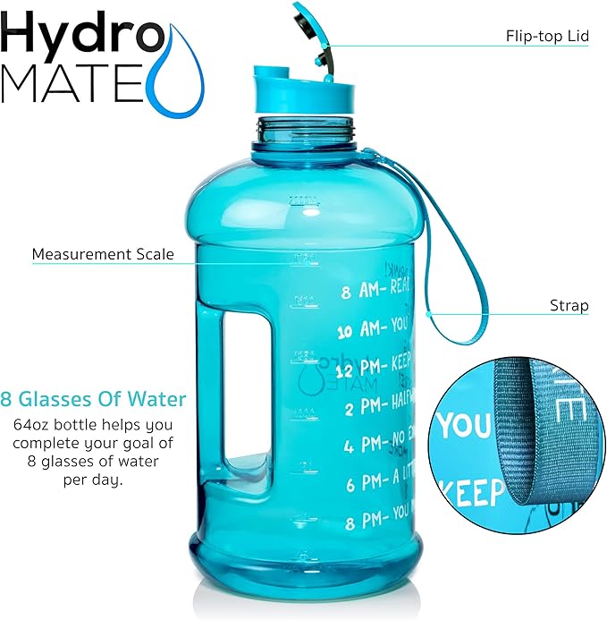 NatureWorks HydroMATE Half Gallon Water Bottle with Times to Drink BPA Free Leak Proof Reusable Jug with Handle 64 oz