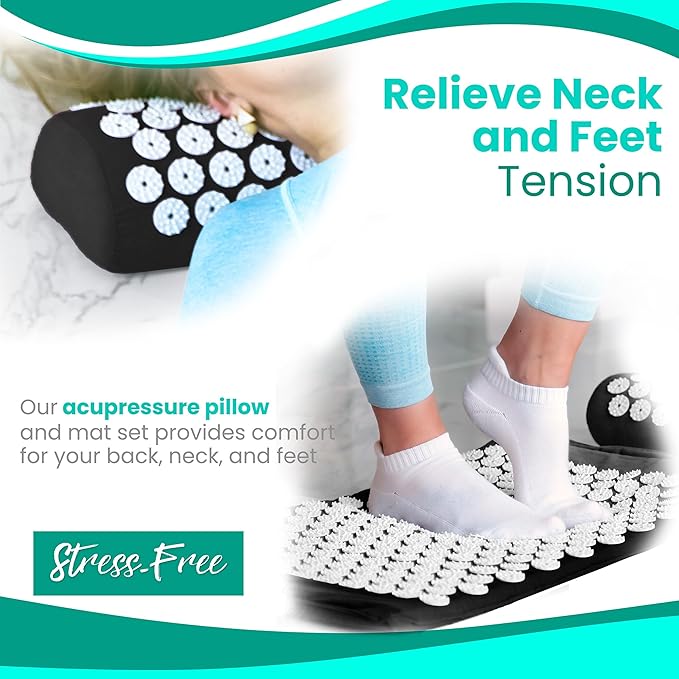 Sivan Back and Neck Pain Relief Acupressure Mat and Pillow Set, Chronic Back Pain Treatment - Relieves Your Stress of Lower Upper Back and Sciatic Pain - Black