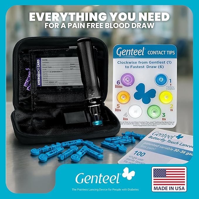 Genteel Plus - Pain Free Vacuum Lancing Device for Diabetes Testing - Blood Sugar, Glucose, Ketone, and DNA Home Tests (Buff Black)