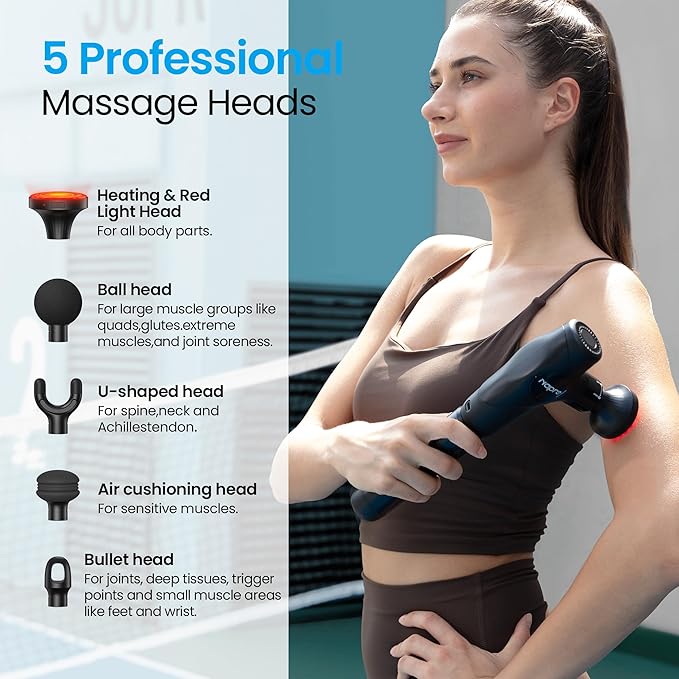 NAPRE 3-in-1 Detachable Massage Gun with Heat,Mini Massage Gun Deep Tissue with Extension Handle,Portable Handheld Percussion Muscle Massager for Back/Neck/Body,Small & Quiet,5 Heads
