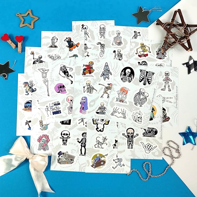 BulbaCraft 100Pcs Skeleton Stickers - Skeleton Party Decorations & Favors, Skull Stickers, Men - Spooky Halloween Decals Waterproof, Gifts for Women & Men