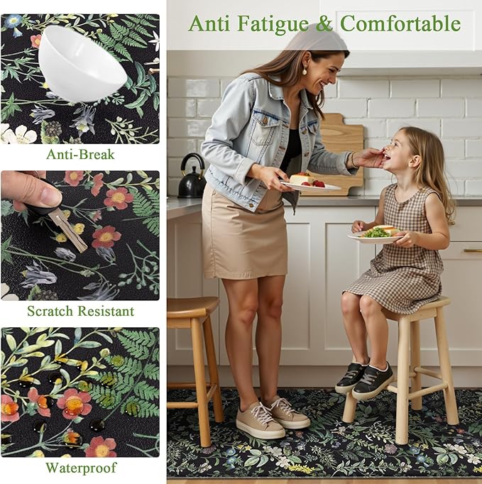 SHACOS Botanical Kitchen Rugs Set of 2 Spring Anti-Fatigue Kitchen Mats Black Green Leaf Cushioned Mats with Leaves Herb Greenery Farmhouse 17x27.5+17x47, Vintage Plants