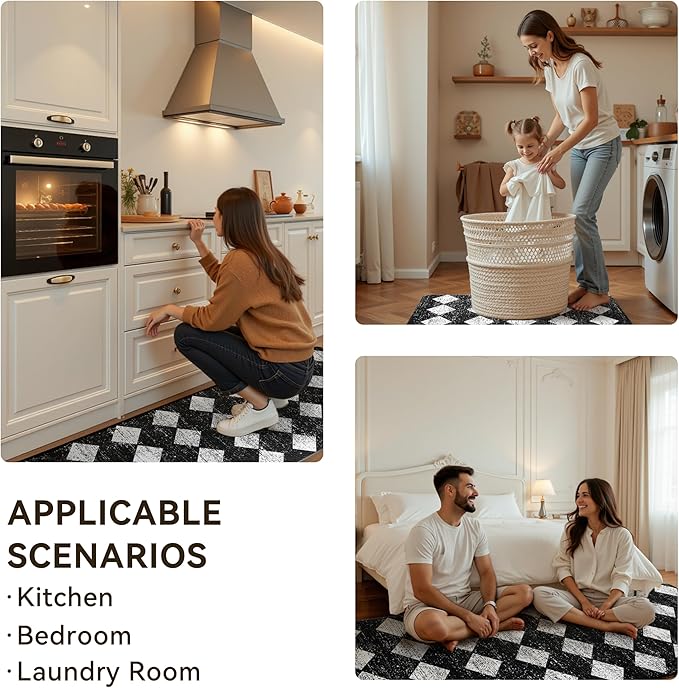 Black Moroccan Trellis Checkered Kitchen Rug Sets [2 PCs], Anti-Fatigue, Waterproof Non-Slip Kitchen Mats Heavy Duty Ergonomic Comfort Foam Rug for Floor, Home, Laundry,17"x29"+17"x47"