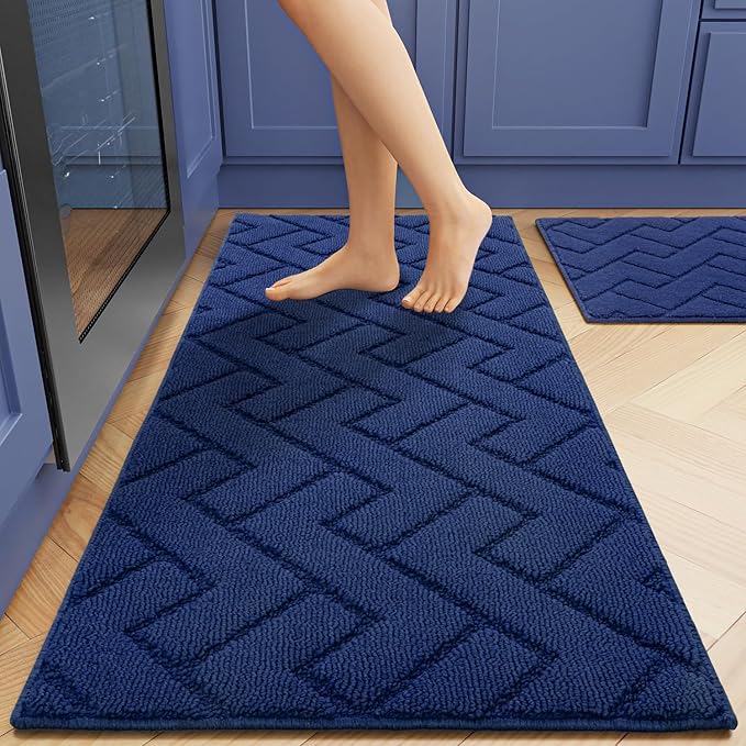 hicorfe Kitchen Rugs and Mats Sets,2 Pieces Super Absorbent Polypropylene Non-Slip Rug,Soft Comfort Floor Mat,Washable for Kitchen,Hallway,Office,Sink,Laundry(20" x 32"+20" x 48",Navy Blue)