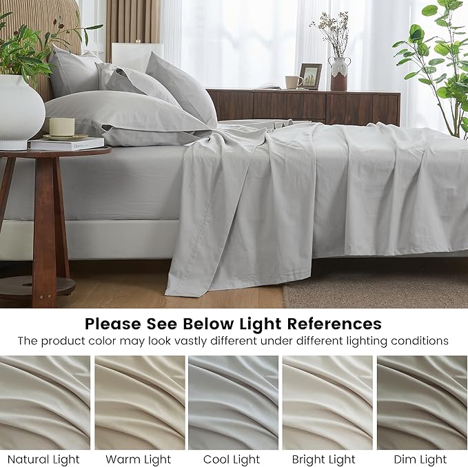 Simple&Opulence Belgian Linen Sheet Set Solid Color - 6 Pieces (1 Flat Sheet & 1 Fitted Sheet & 4 Pillowcases) 16" Deep Pocket Natural Flax Cotton Blended Soft Bedding - Khaki Grey, California King