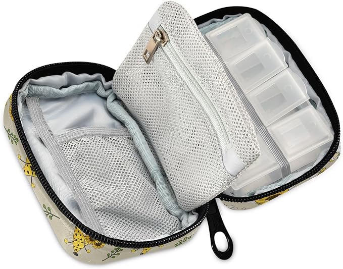 Gnome Bees Pill Box 7 Day Pill Case Travel Pill Organizer Bag with Zipper Portable Weekly Vitamin Medicine Supplement Holder Pouch Bag