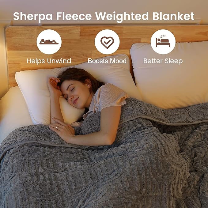 Sherpa Fleece Adult Weighted Blanket Great for Sleep, 20 lbs Dual Sided Soft Fuzzy Heavy Blankets for Couch Bed Sofa, Cozy Warm Fluffy Arched Jacquard Throw for Winter (Grey, 60" x 80", 20 Pounds)