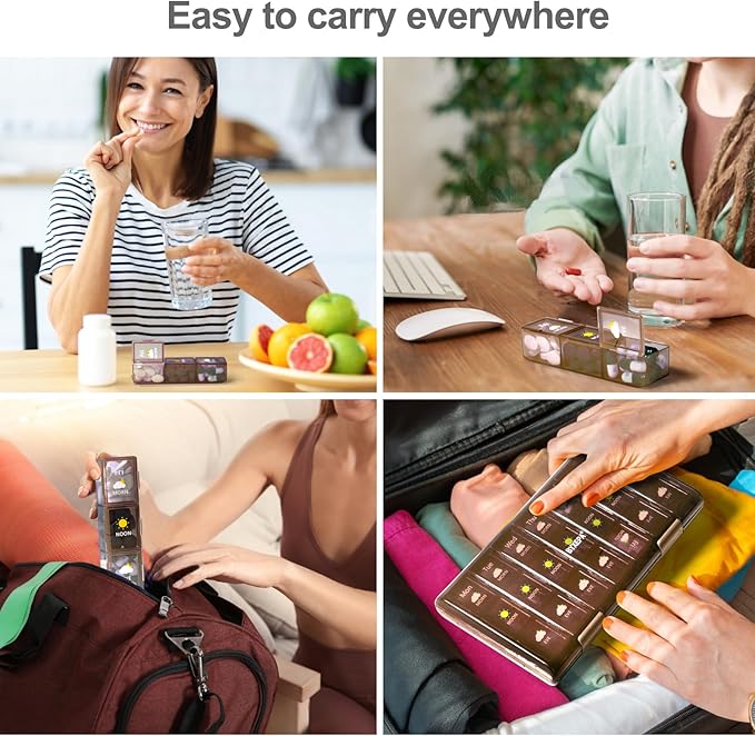 Pill Organizer 3 Times a Day, Daily Pill Box with Morning Noon Night Compartments, Portable Medicine Organizer for Travel, Work & Home (Brown)