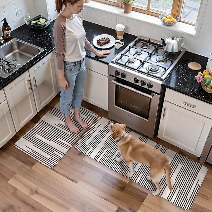 KIMODE Kitchen Mats Cushioned Anti Fatigue, Black Line Geometric Kitchen Rugs Sets of 2, Padded Kitchen Floor Mats Non Slip, Standing Desk Mats for Laundry Office Sink 20"x47"+20"x32"