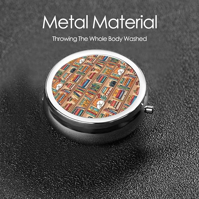 Round Pill Box,3 Compartment Mini Decorative Pocket Purse Portable Travel Medicine Tablet Vitamin Holder Organizer Pill Case,Sleeping Cat Library Bookshelf