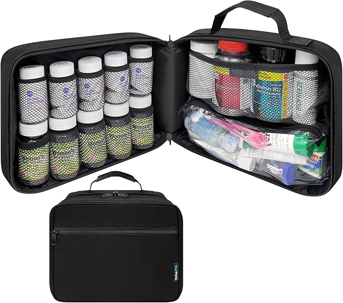 Large Pill Bottle Organizer - 10 Pockets Medicine Bag for Travel & Home Storage - Black
