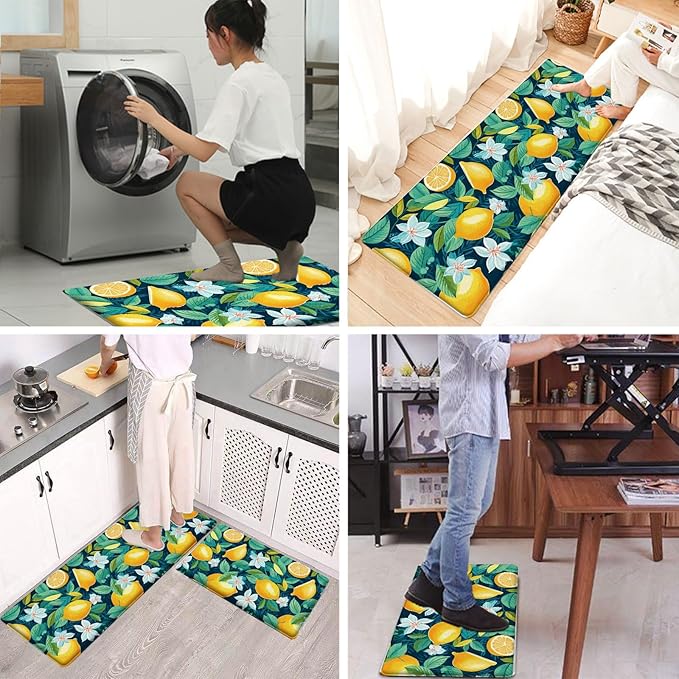 Bulijojo Lemon Anti Fatigue Kitchen Floor Mats Set of 2 Waterproof Kitchen Sink Runner Rug Standing Mat Cushioned Kitchen Rugs Comfort Doormat 17"x47"+17"x28"
