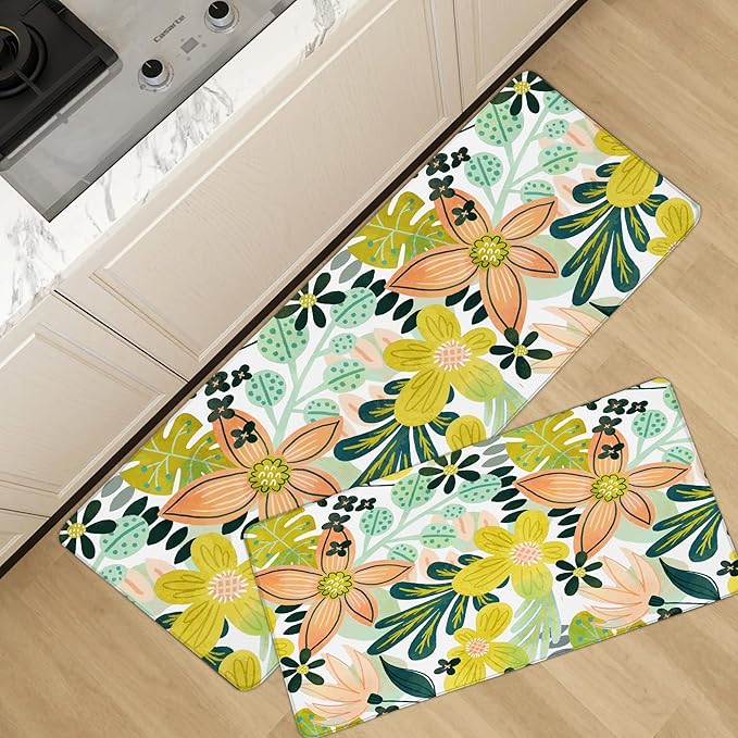 Boho Floral Kitchen Mats Rugs Sets of 2 Cushioned Anti Fatigue Floor Mat Foam Comfort Kitchen Rugs Farmhouse Style Non Slip Waterproof Mid Century Botanical Standing Mat for Sink Laundry