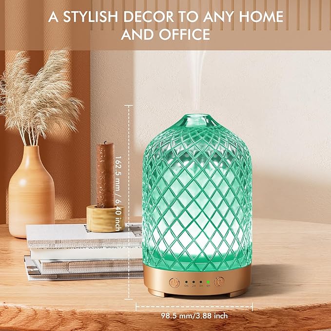 Essential Oil Diffuser 200ml-Ultrasonic Aroma Diffuser with 4 Timers, Aromatherapy Diffuser 7 Color LED Lights Auto Shut-Off Protection for Home Office (Rhombus-Glass)