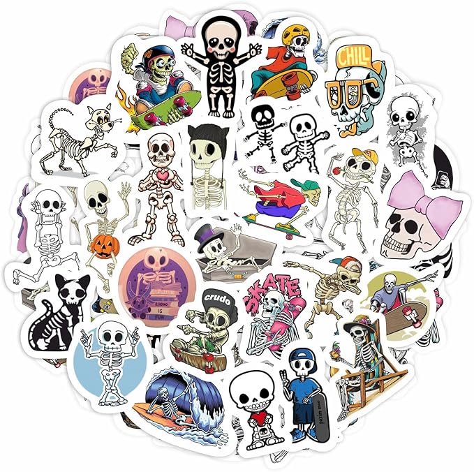 BulbaCraft 100Pcs Skeleton Stickers - Skeleton Party Decorations & Favors, Skull Stickers, Men - Spooky Halloween Decals Waterproof, Gifts for Women & Men