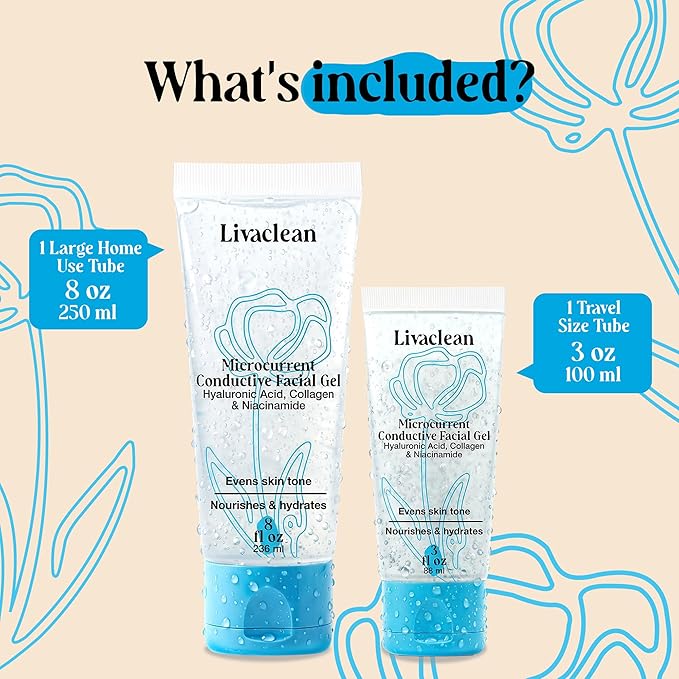 2 Pack Conductive Gel for Microcurrent | 8Oz & 3Oz TENS Gel Conductor Facial w/Aloe Vera, Hyaluronic Acid, Blue Tansy & Jojoba Oil | Hydrating, For All Skin Types| For Microcurrent & RF Facial devices
