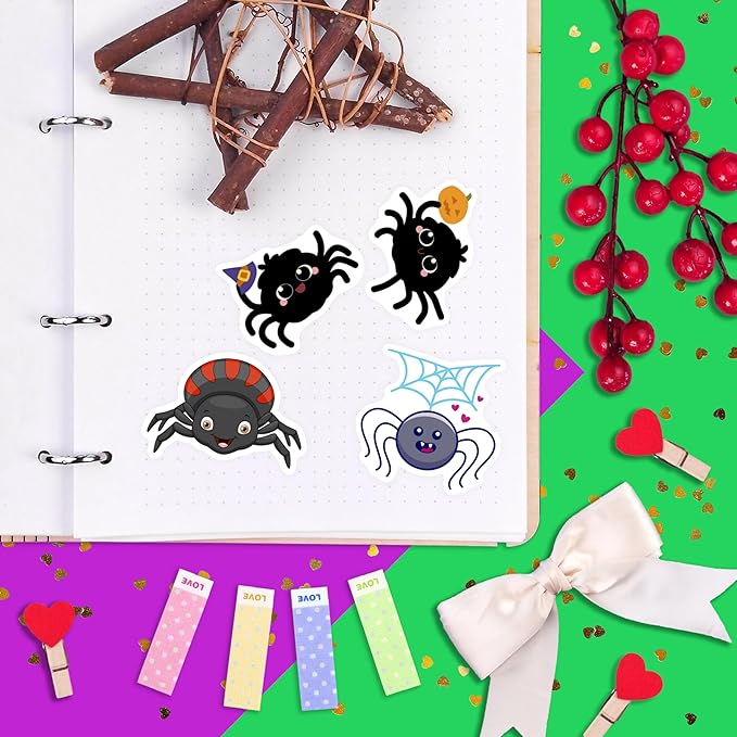 BulbaCraft 100Pcs Spider Stickers for Water Bottle and Laptop - Spider Party Supplies & Decorations, Waterproof Vinyl Decals, Cute and Creepy Stickers, Gifts for Women & Men